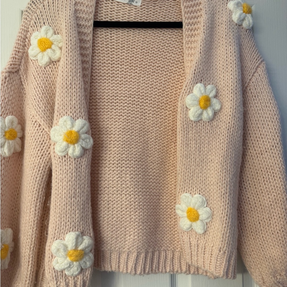 Floral Knit Cardigan Sweater - Pink